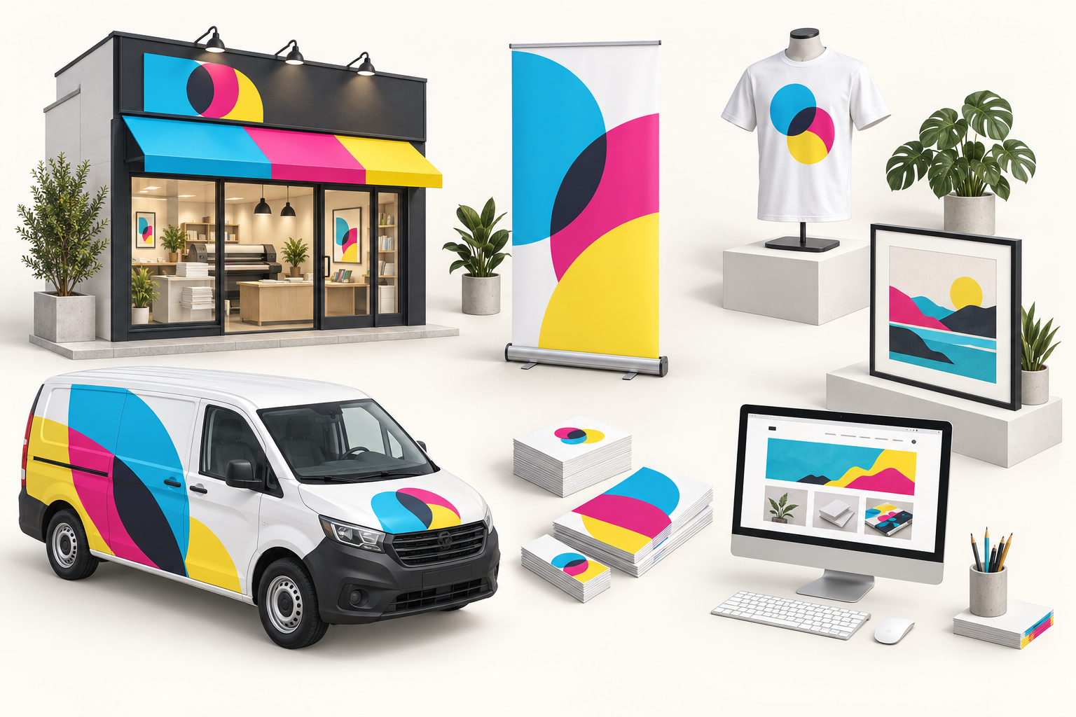 Illustration des supports : véhicule, enseigne, imprimés, grand format, textile, art et site internet